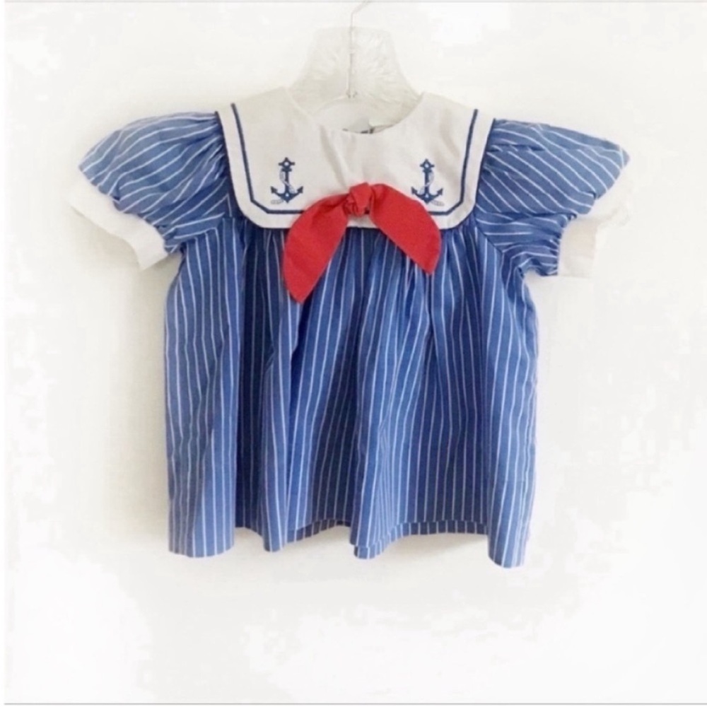 Vintage dress blue girls striped white nautical anchors